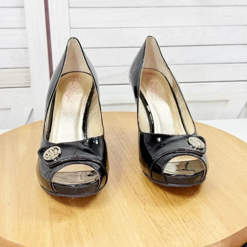 Lilly Pulitzer Patent Leather Peep Toe Wedge Heels Black 36.5 US‎ 6